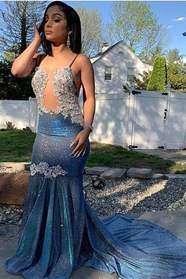 Robe de bal sirène élégante à paillettes bleues et bretelles spaghetti