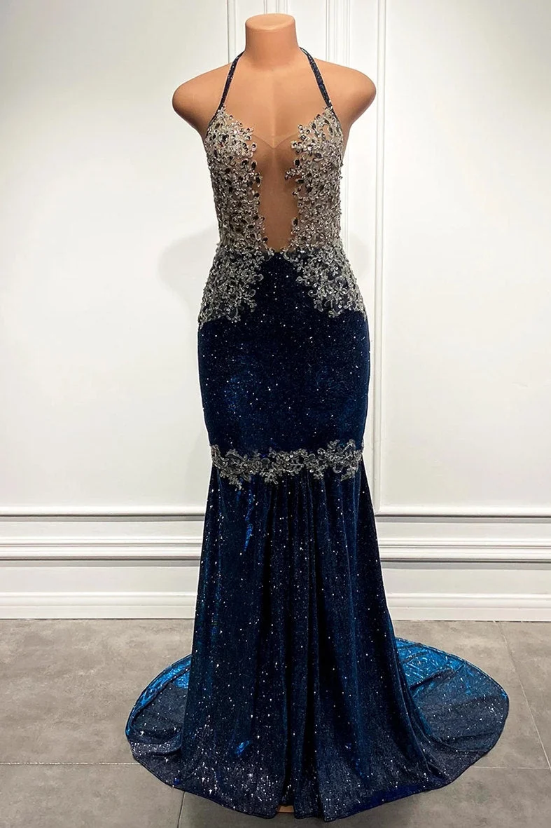 Robe de bal sirène élégante à paillettes bleues et bretelles spaghetti