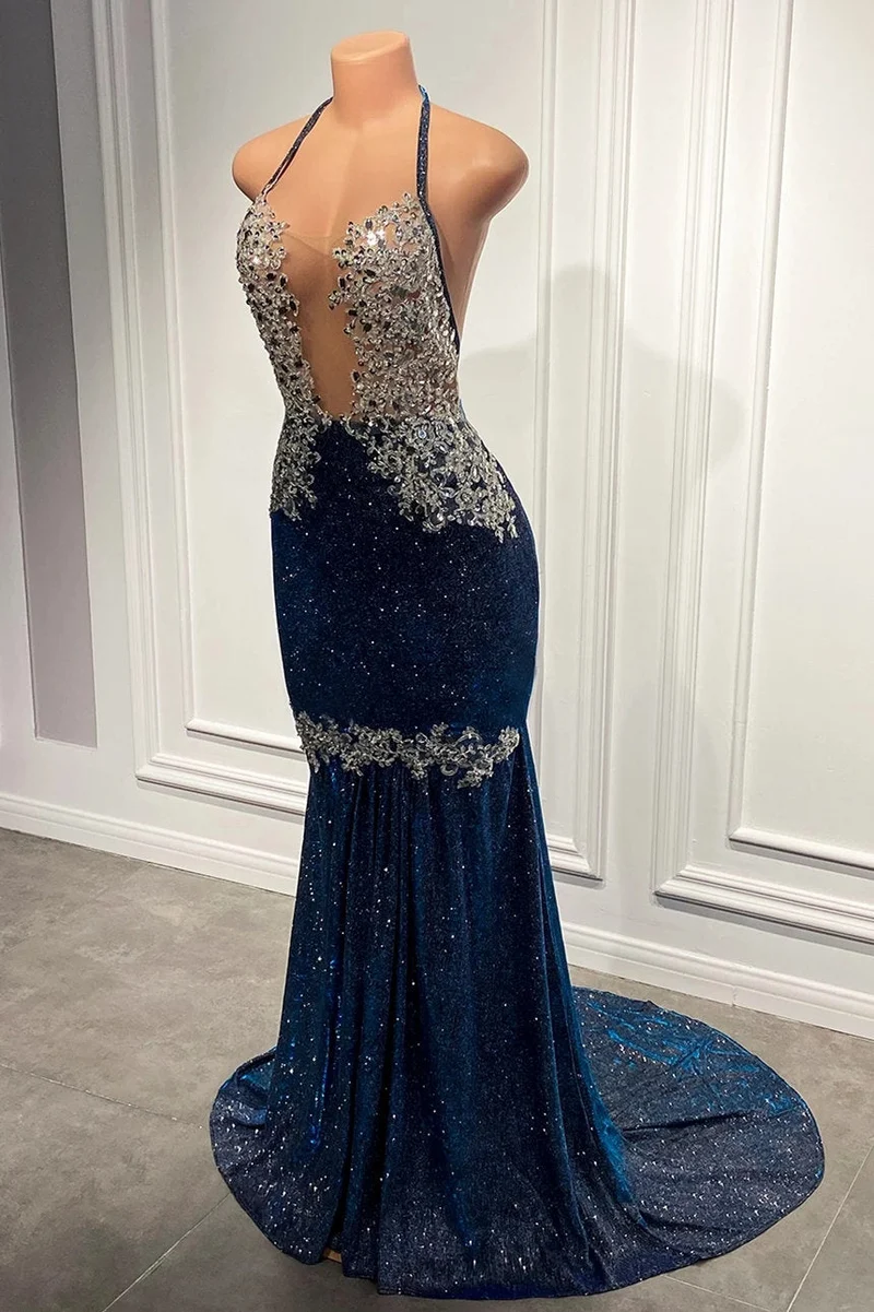 Robe de bal sirène élégante à paillettes bleues et bretelles spaghetti