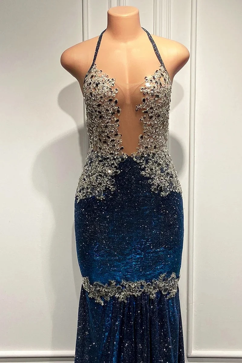 Robe de bal sirène élégante à paillettes bleues et bretelles spaghetti