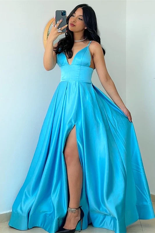 Robe de bal longue à bretelles spaghetti bleu océan, robe de soirée trapèze
