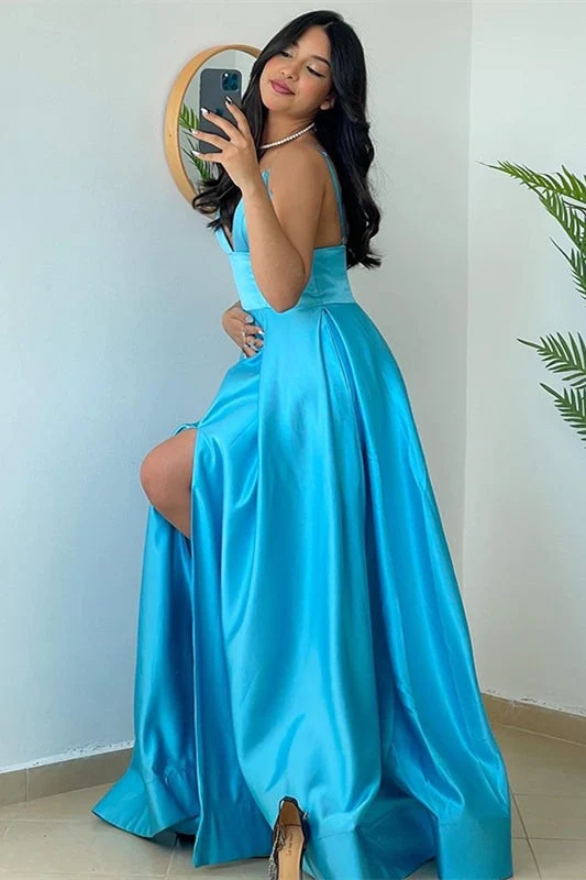 Robe de bal longue à bretelles spaghetti bleu océan, robe de soirée trapèze