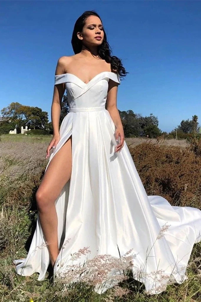 Robe de bal blanche élégante à épaules dénudées et fente jusqu'aux cuisses
