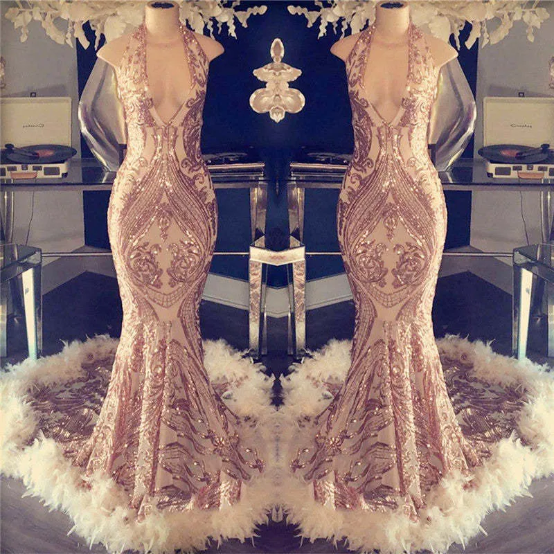 Robe de bal sirène à paillettes et dos nu, robe à plumes