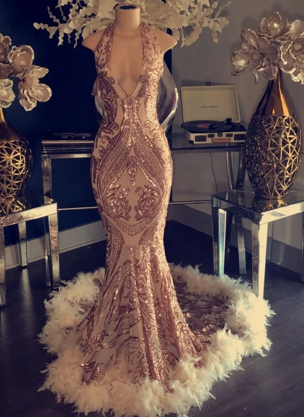 Robe de bal sirène à paillettes et dos nu, robe à plumes