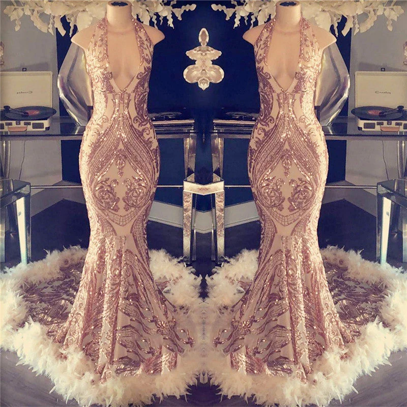 Robe de bal sirène à paillettes et dos nu, robe à plumes
