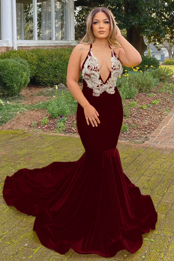 Robe de bal sirène jaune élégante à col en V et licou avec détails appliqués