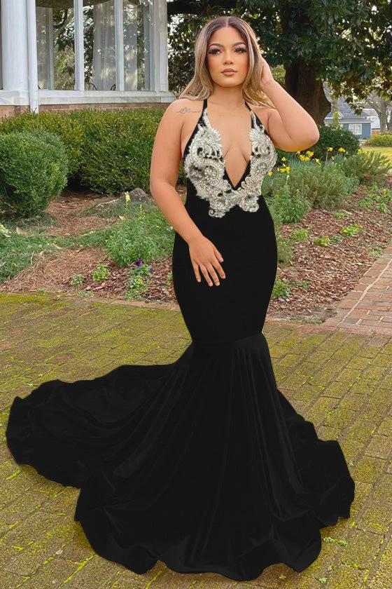 Robe de bal sirène jaune élégante à col en V et licou avec détails appliqués