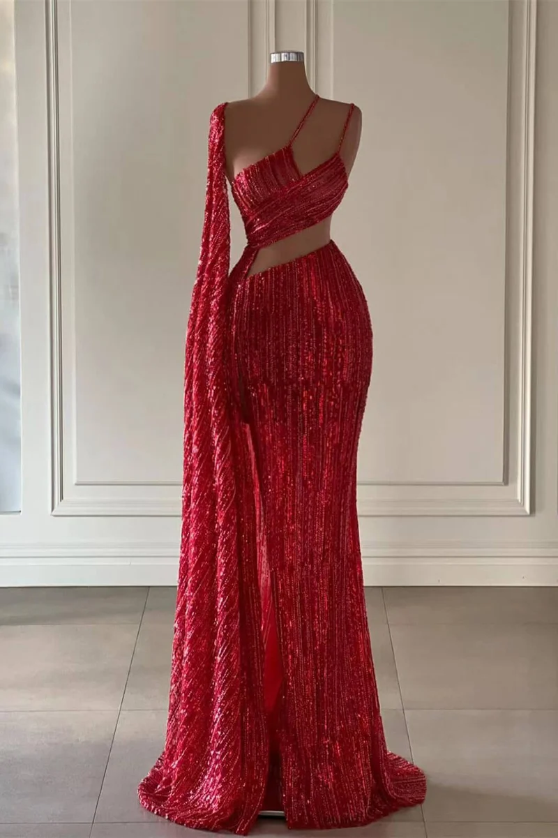 Robe de bal sirène bordeaux à paillettes avec fente à volants