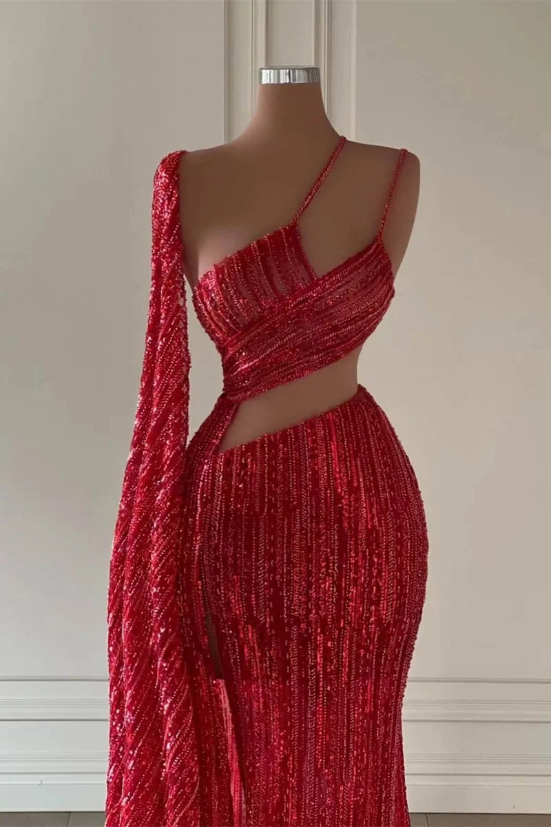 Robe de bal sirène bordeaux à paillettes avec fente à volants