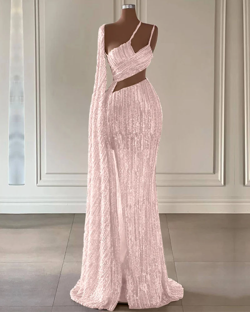 Robe de bal sirène bordeaux à paillettes avec fente à volants