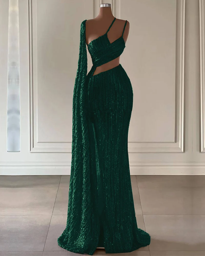 Robe de bal sirène bordeaux à paillettes avec fente à volants