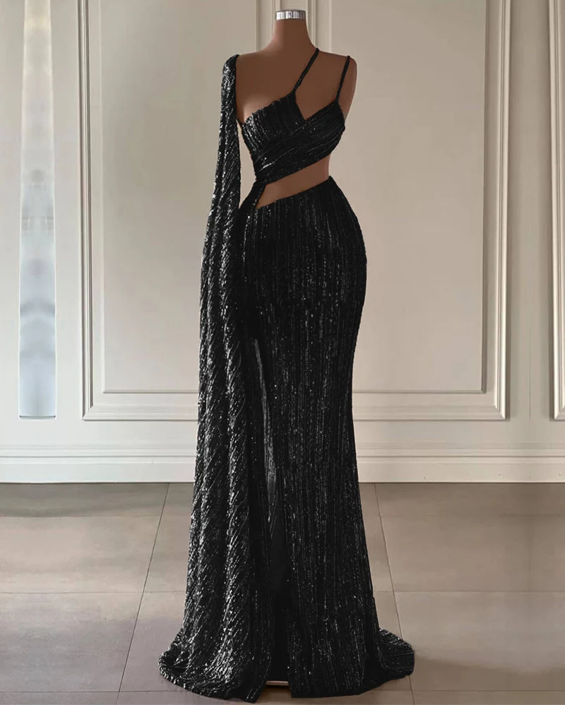 Robe de bal sirène bordeaux à paillettes avec fente à volants