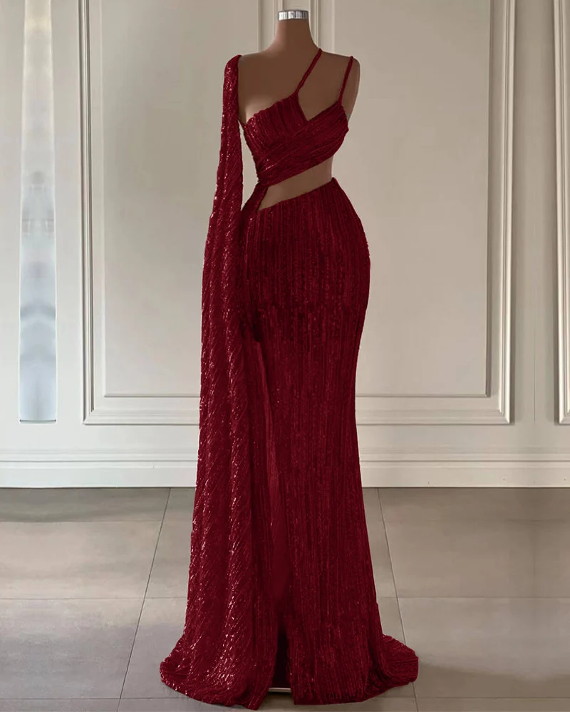Robe de bal sirène bordeaux à paillettes avec fente à volants