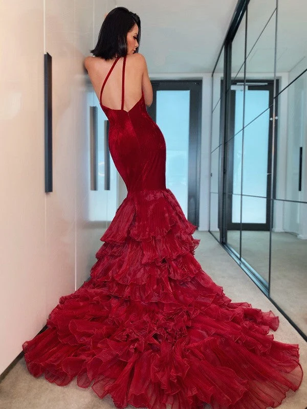 Robe de bal sirène bordeaux à une épaule, élégante robe de soirée en tulle appliqué