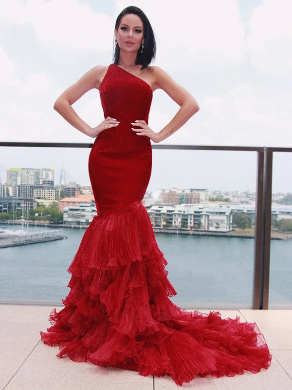 Robe de bal sirène bordeaux à une épaule, élégante robe de soirée en tulle appliqué