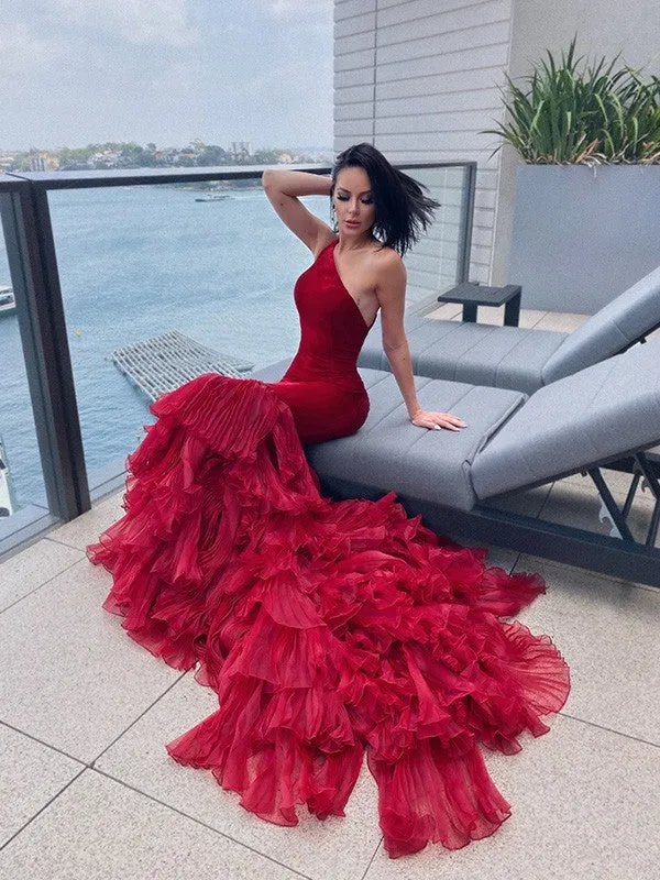Robe de bal sirène bordeaux à une épaule, élégante robe de soirée en tulle appliqué