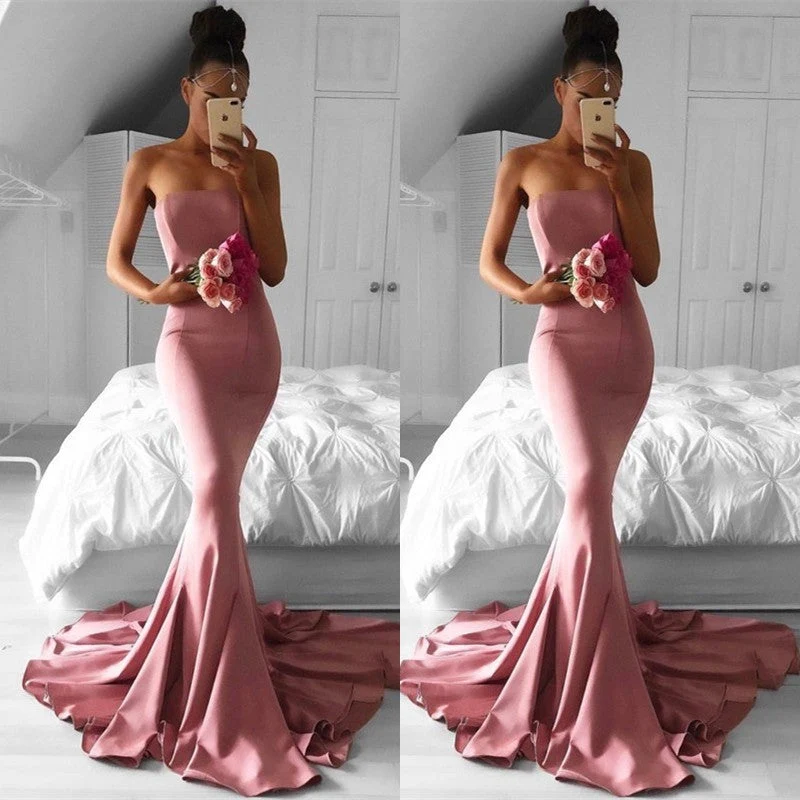 Robe de bal sirène rose élégante sans bretelles