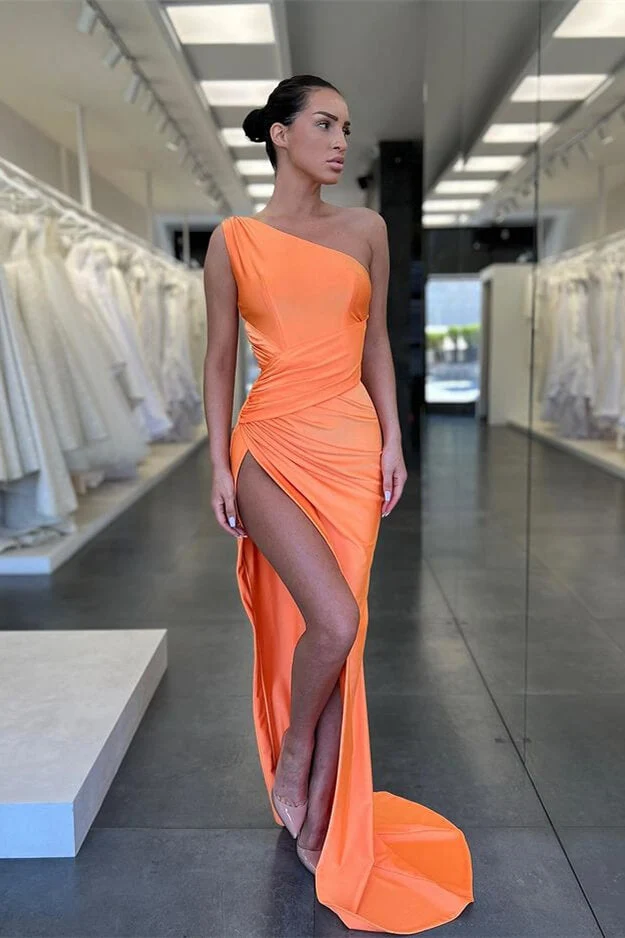 Robe de bal sirène vintage orange à une épaule avec fente et plis