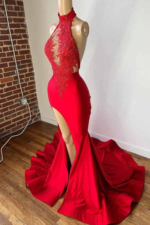 Robe de bal bordeaux à appliques et dos nu avec fente sur le devant - Robe élégante