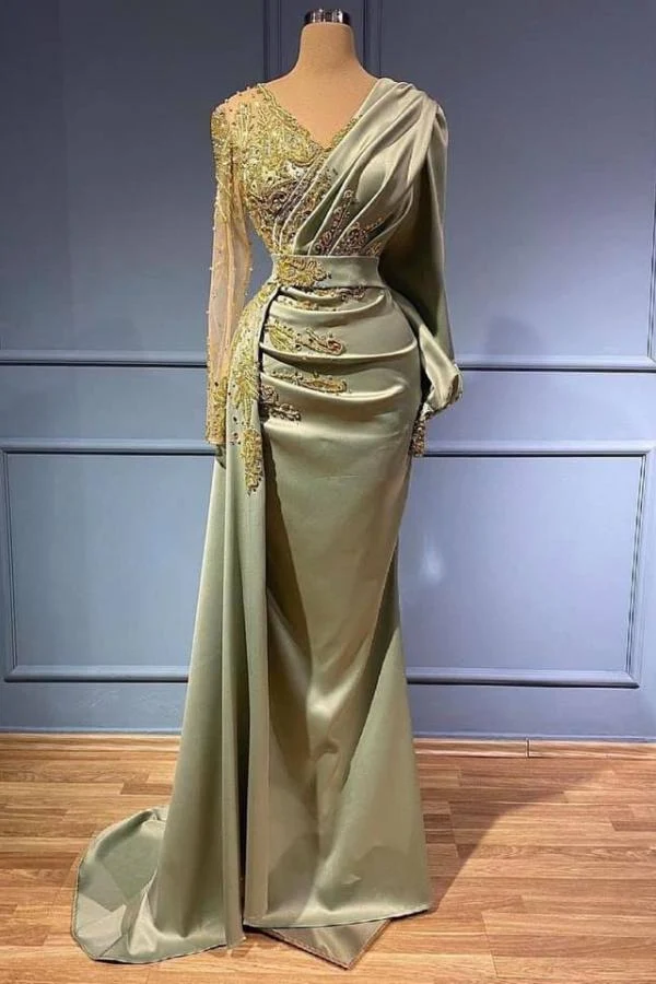 Robe de soirée sirène élégante en satin à col en V et manches longues avec appliques perlées