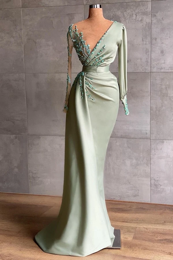 Robe de soirée sirène élégante en satin à col en V et manches longues avec appliques perlées