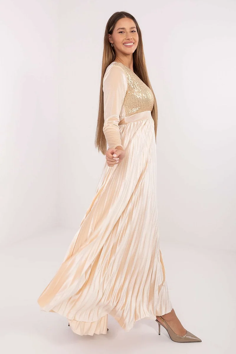 Robe de soirée dorée longue jupe plissée