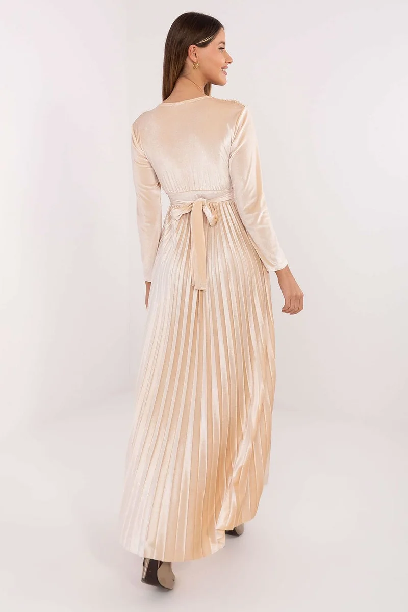 Robe de soirée dorée longue jupe plissée