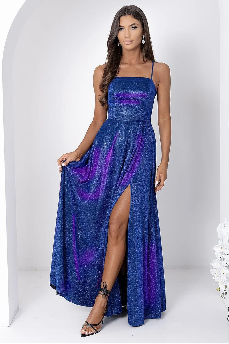 Robe de soirée longue fendue pailletée bleue