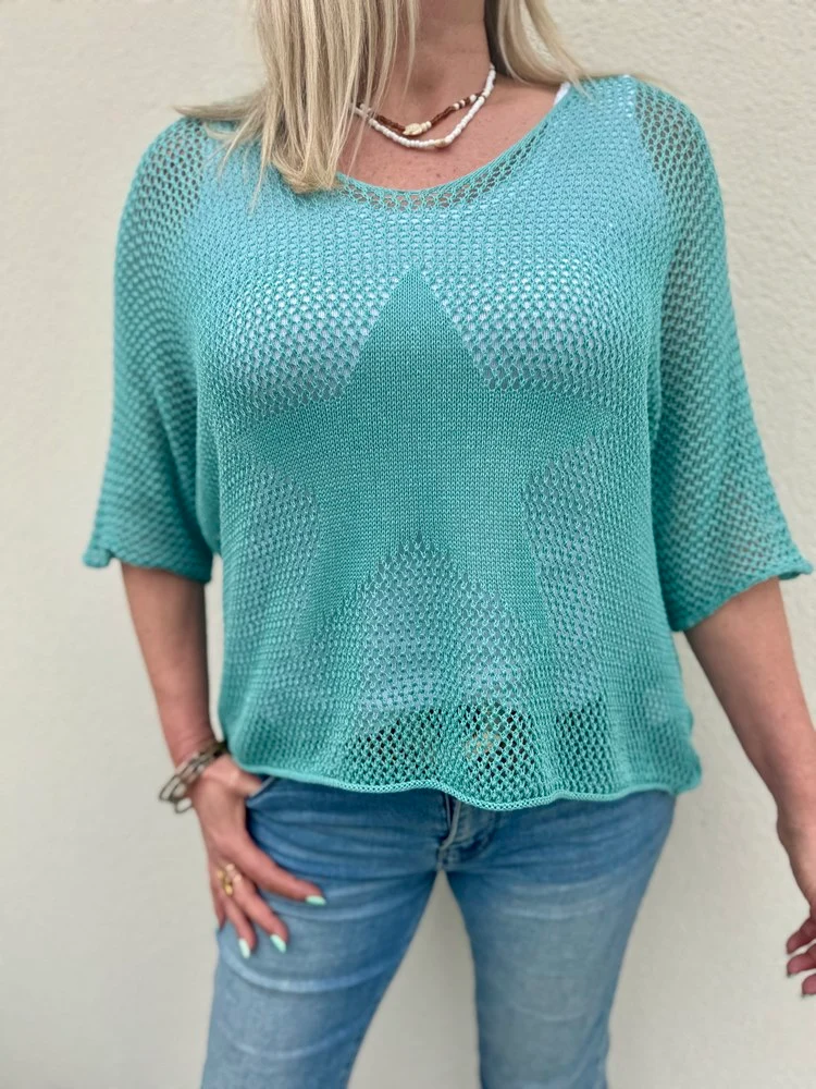 Pull ajouré Etoile bleu vert