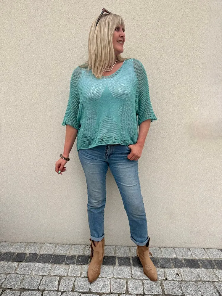 Pull ajouré Etoile bleu vert