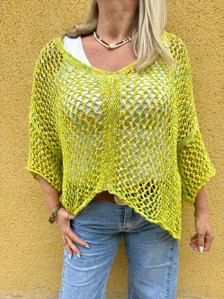 Pull ajouré Aurélio vert anis/jaune