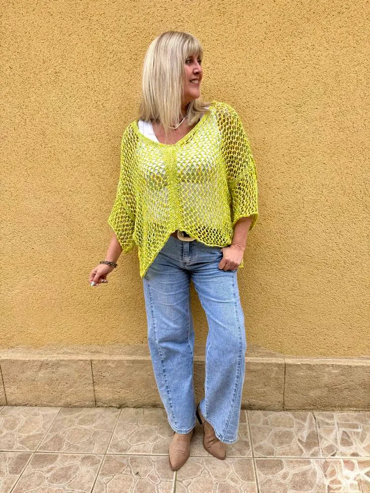 Pull ajouré Aurélio vert anis/jaune