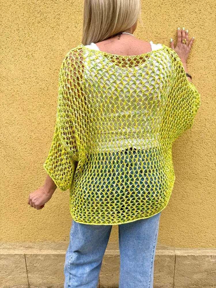 Pull ajouré Aurélio vert anis/jaune