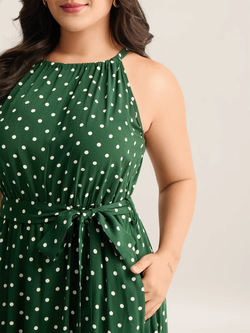 Polka Dots Halter Neck Belted Midi Dress