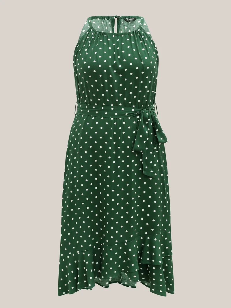 Polka Dots Halter Neck Belted Midi Dress