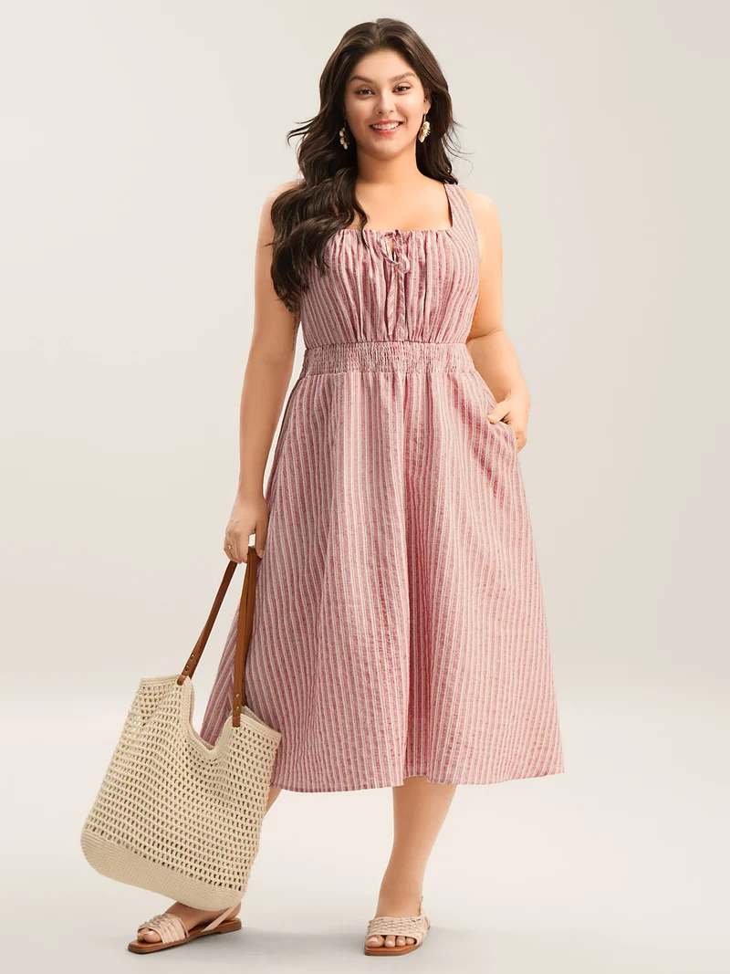 Stripe Print Shirred Waist Midi Dress