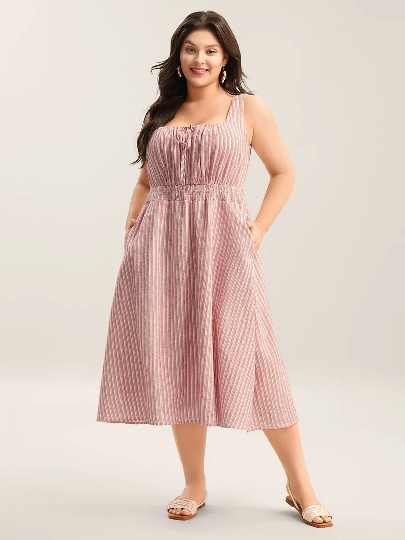 Stripe Print Shirred Waist Midi Dress