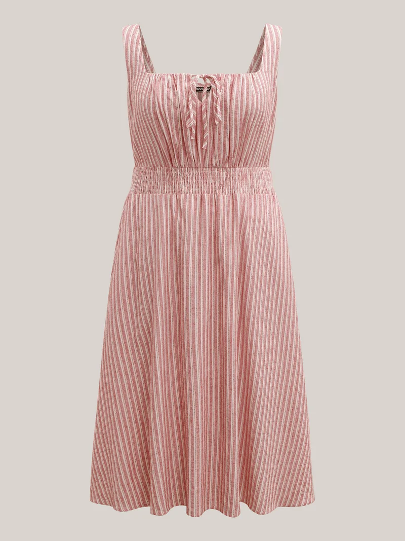Stripe Print Shirred Waist Midi Dress