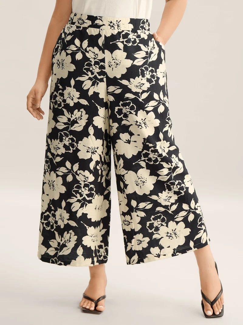Floral Print Pull-On Wide-Leg Pants