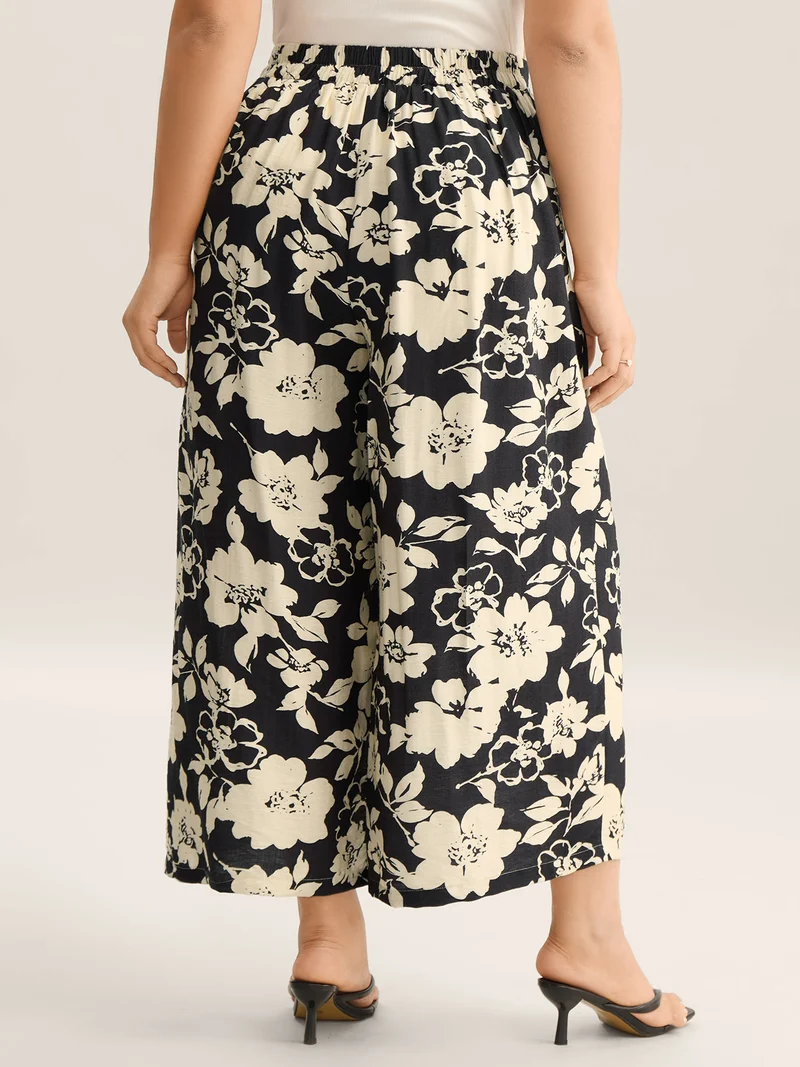 Floral Print Pull-On Wide-Leg Pants
