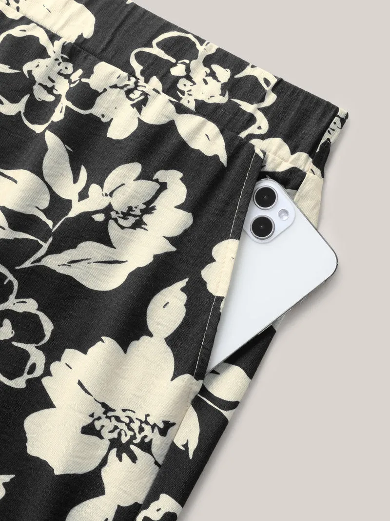 Floral Print Pull-On Wide-Leg Pants