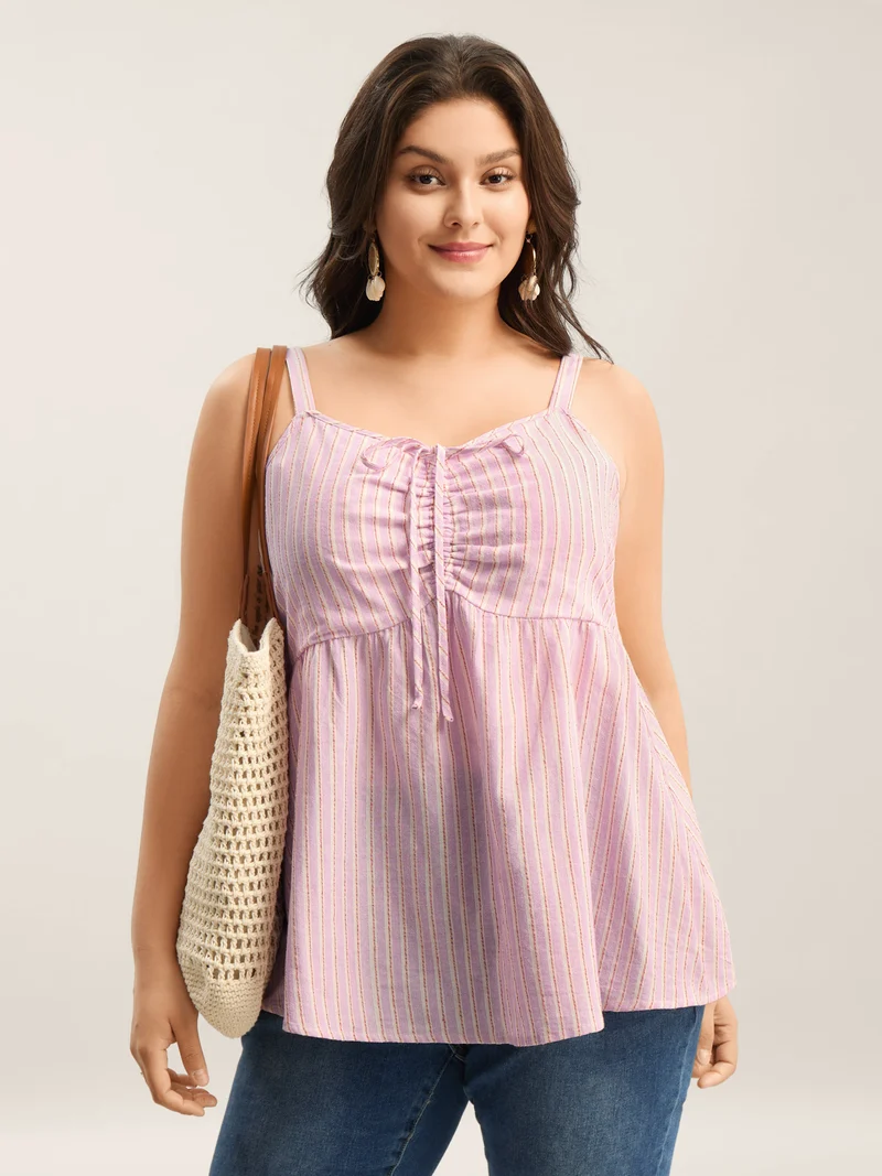 Cotton Stripes Neck Ties Ruched Tank Top