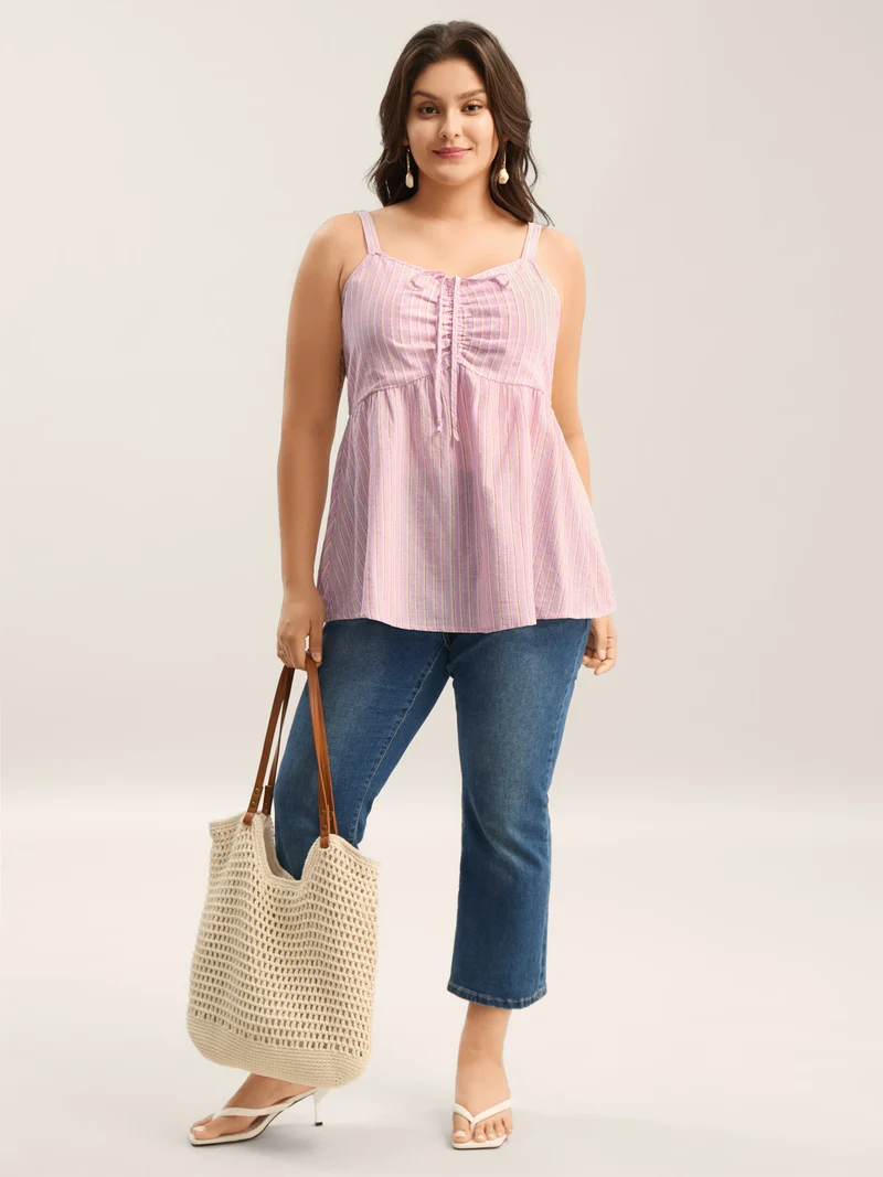 Cotton Stripes Neck Ties Ruched Tank Top