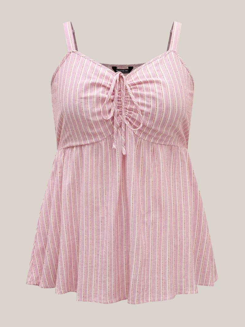 Cotton Stripes Neck Ties Ruched Tank Top