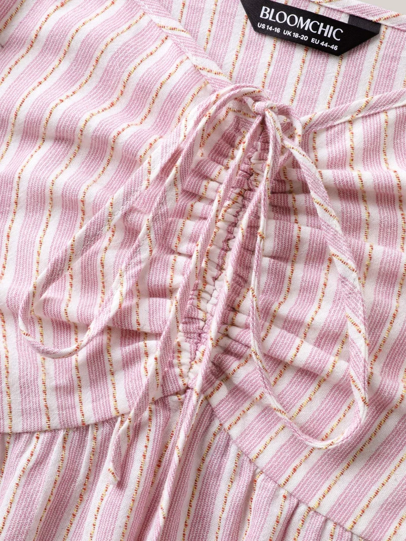 Cotton Stripes Neck Ties Ruched Tank Top