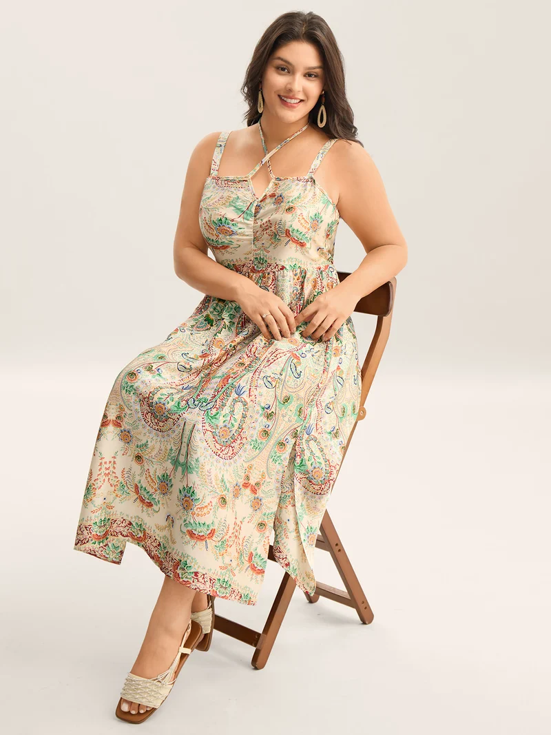 Paisley Print Halter Neck A-Line Midi Dress