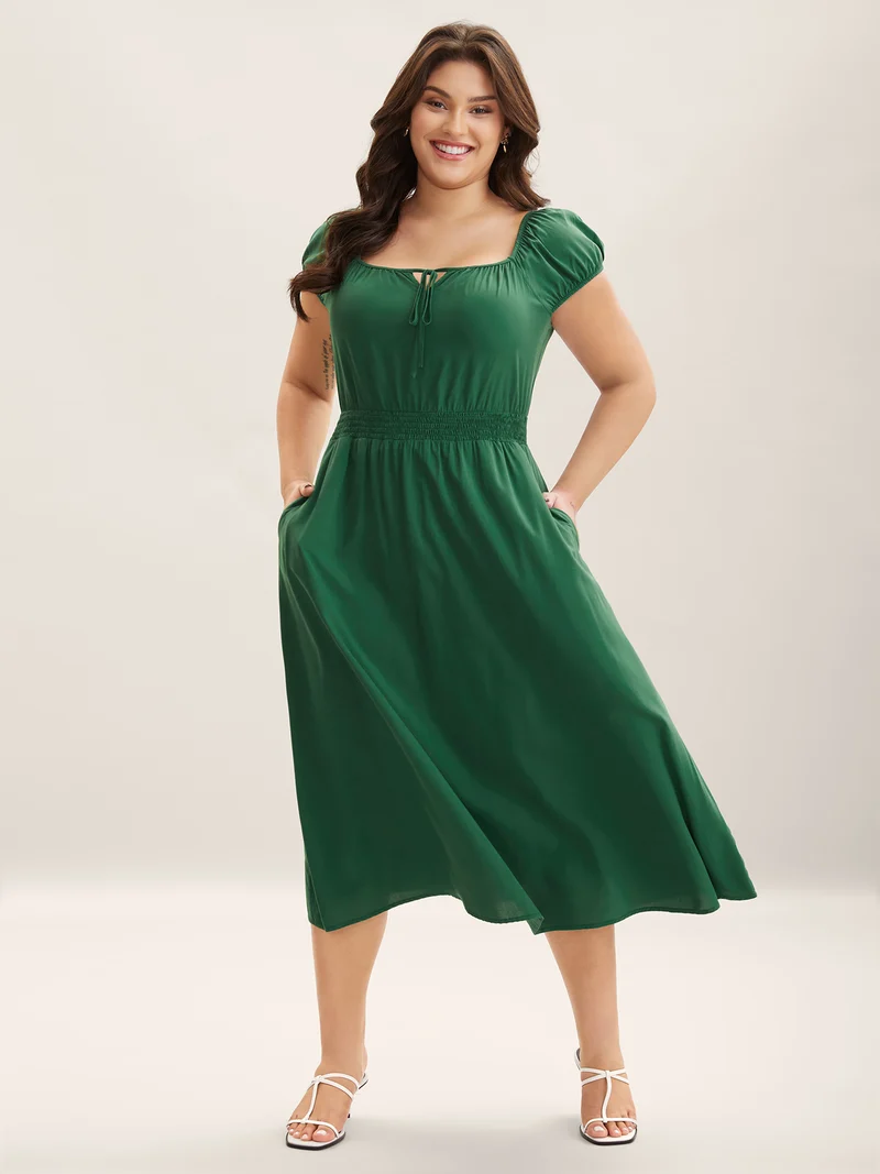Rayon Keyhole Pockets Solid Milkmaid Dress