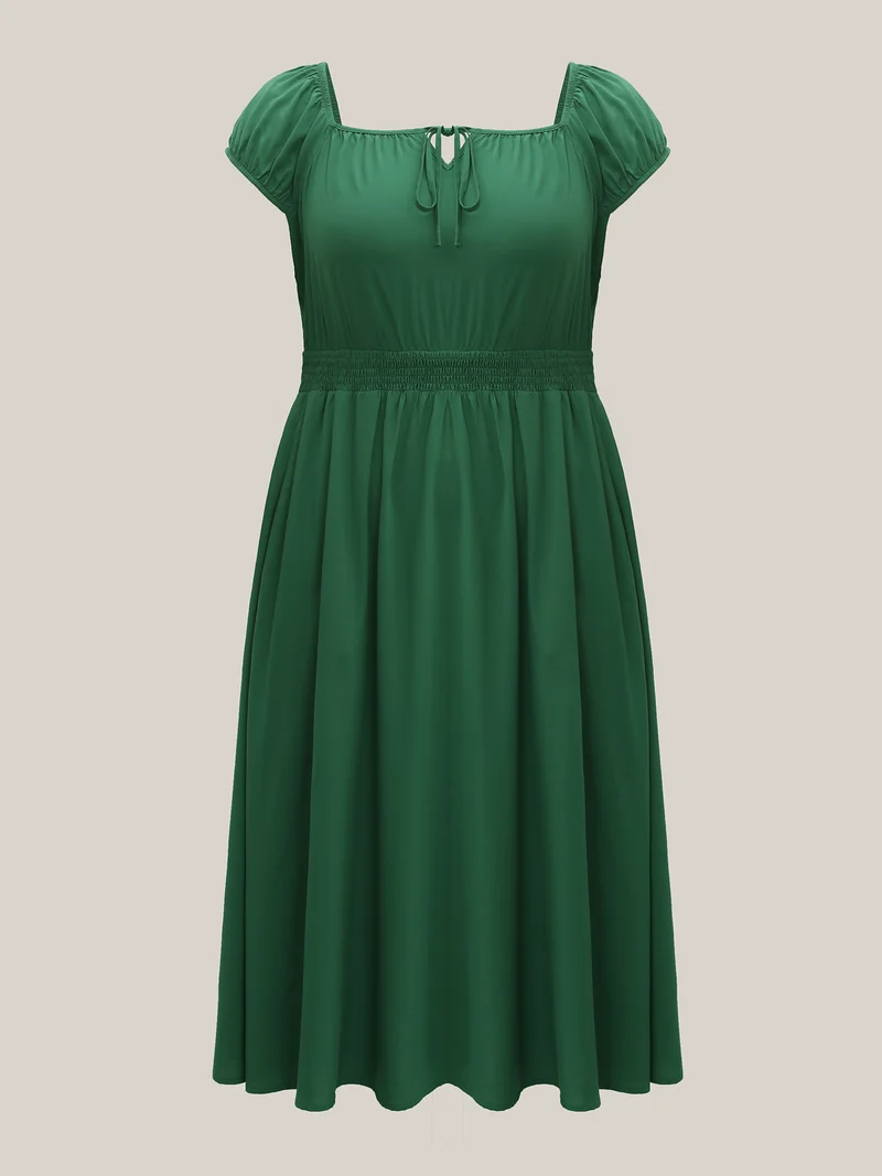 Rayon Keyhole Pockets Solid Milkmaid Dress