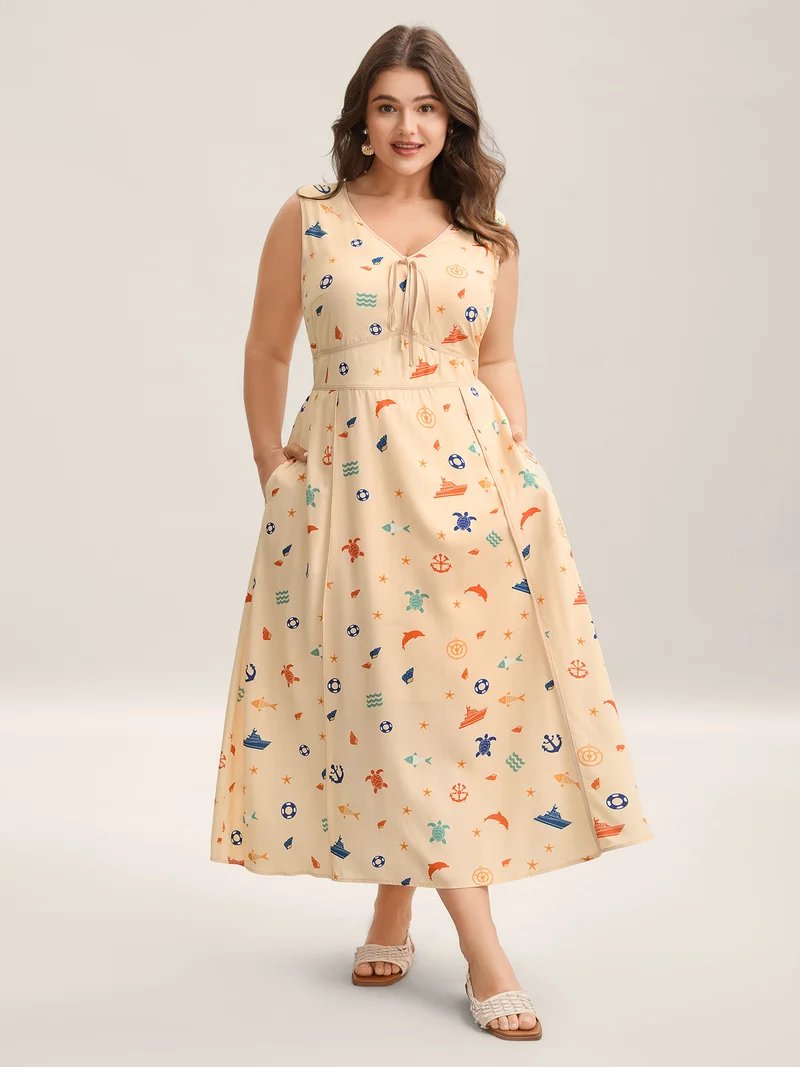 Rayon Ocean Print Cinched Waist Midi Dress